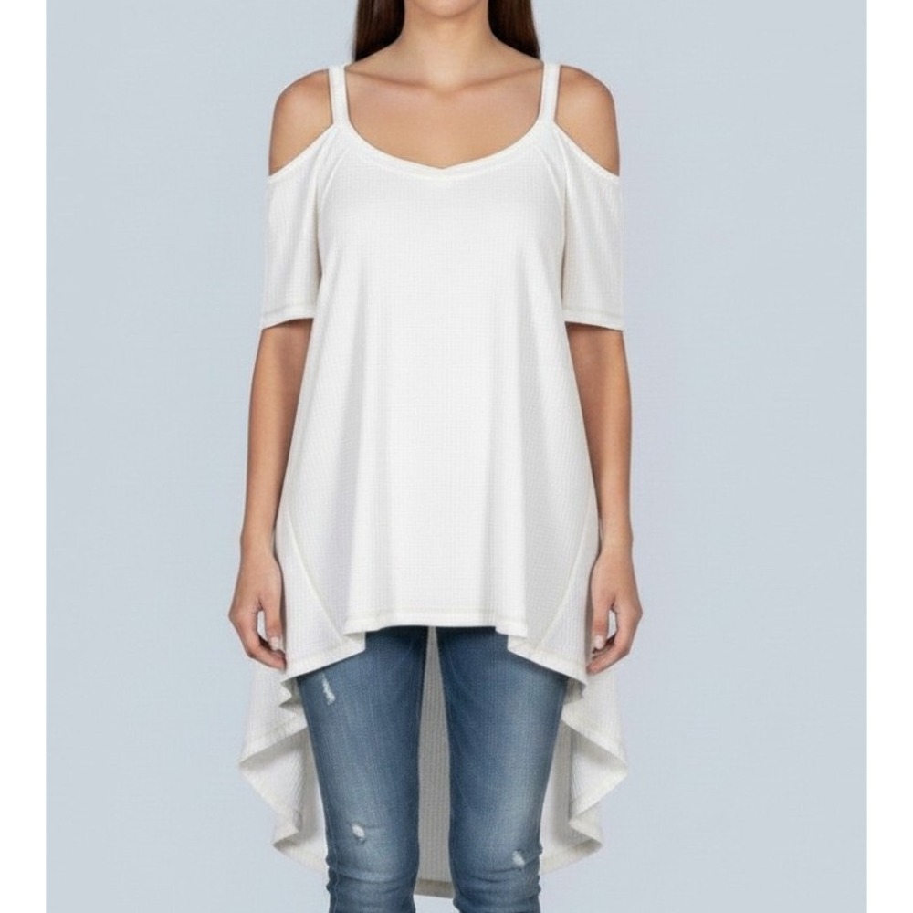 RAE MODE Women's WAFFLE KNIT White HIGH-LOW Cold-Shoulder BLOUSE/TUNIC TOP 1XL